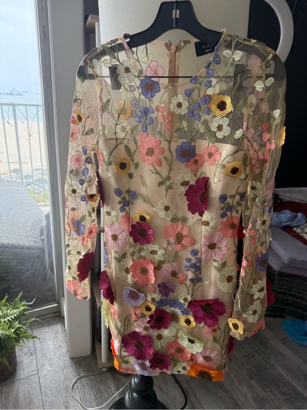 Vici Floral Embroidered Sheer Cream Dress with Multicolor Flowers